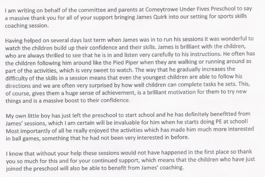 Comeytrowe Under 5's Letter to Funding Body